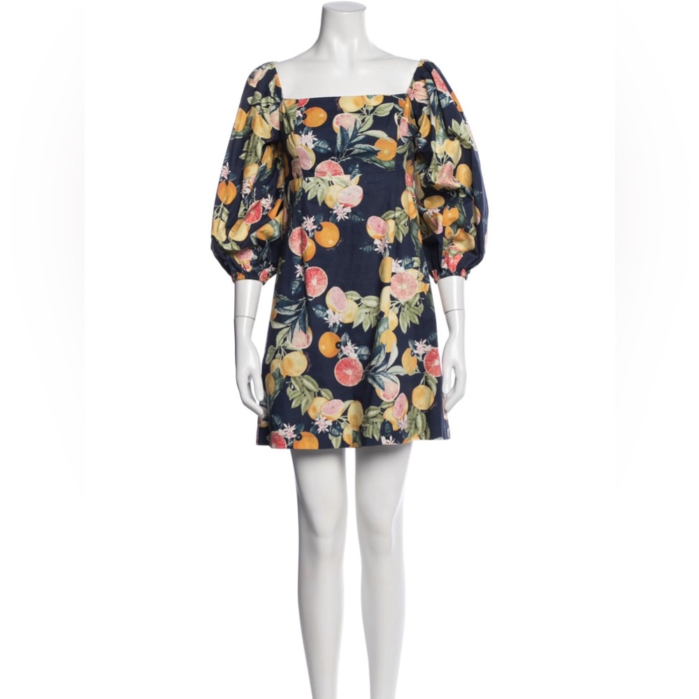 Cara Cara Navy Fruit Citrus Puff-Sleeve Dress